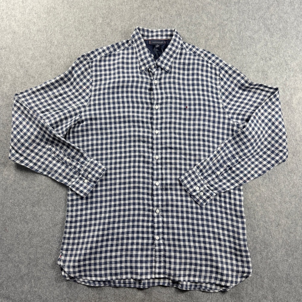 Tommy Hilfiger Mens XXL Linen Slim Fit Gingham Button Down Shirt Navy White NWT